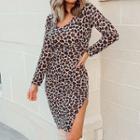 Leopard Print Long-sleeve Side-slit Sheath Dress