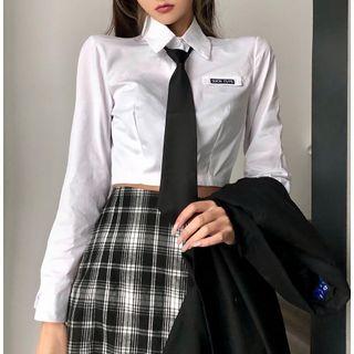 Letter Embroidered Crop Shirt With Necktie