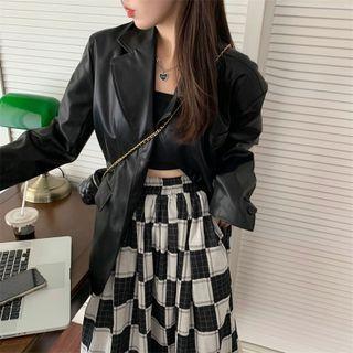 Faux Leather Blazer / Spaghetti Strap Checker Print A-line Dress