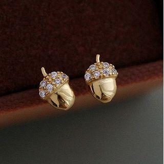 Sterling Silver Rhinestone Pine Cones Stud Earring 1 Pair - Gold - One Size