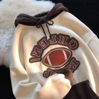 Color Block Rugby Embroidered Hooded Sweatshirt