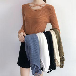 Long-sleeve Strappy V-neck Knit Top