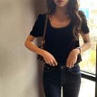 Short-sleeve Square-neck Velvet T-shirt