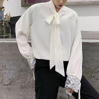 Bow Accent Sequined Long-sleeve Top