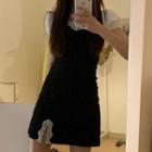 Balloon-sleeve Lace Trim Mini A-line Dress Black - One Size
