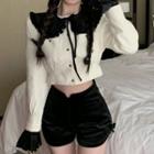Long-sleeve Collared Frill Trim Cropped Blouse / Shorts