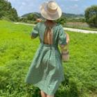 Open-back Short-sleeve Check A-line Dress Green - One Size
