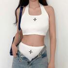 Set: Halter Neck Cross Print Crop Tank Top + Panties