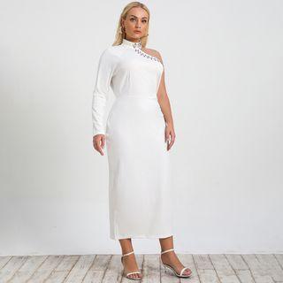 One-shoulder Floral Embroidered Midi A-line Dress