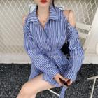 Tie Waist Cold-shoulder Pinstripe Long-sleeve Shirt As Shown In Figure - One Size