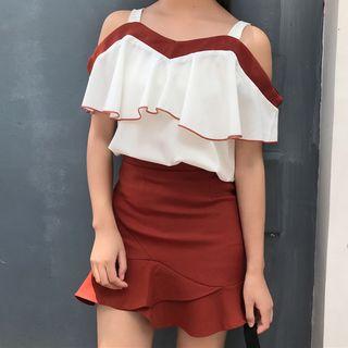Set: Cold Shoulder Ruffle Blouse + A-line Skirt