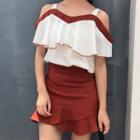 Set: Cold Shoulder Ruffle Blouse + A-line Skirt