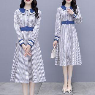 Long-sleeve Checked Belted Midi A-line Dress