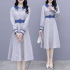 Long-sleeve Checked Belted Midi A-line Dress