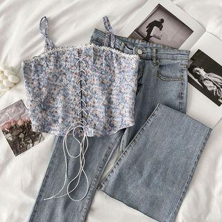 Floral Cropped Camisole Top / Flared Jeans