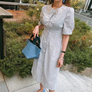 Lace-collar Pintuck-waist Check Long Shirtdress