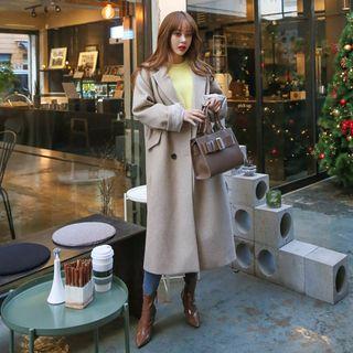 Lapelled Buttoned Wool Blend Long Coat