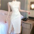 Slit-side Sleeveless Lace Sheath Dress