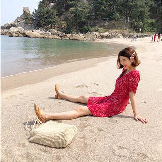 V-neck Shirred-sleeve Patterned Minidress