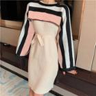 Plain Lace-up Long-sleeve Knit Dress / Color-block Striped Cape