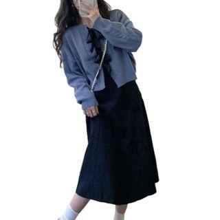 Spaghetti Strap Midi A-line Dress / Bow Cardigan