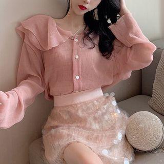 Long-sleeve Ruffle Trim Blouse / Camisole / Mini Sequined A-line Skirt / Set