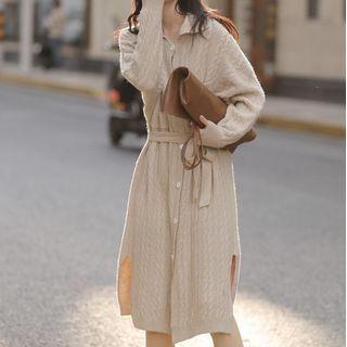 Tie-waist Single-breasted Cable Knit Midi Dress