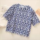 Short-sleeve Round Neck Floral Top Blue - One Size