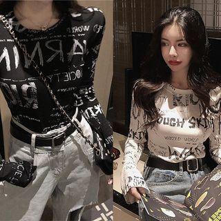 Letter Print Slim-fit T-shirt Black - One Size