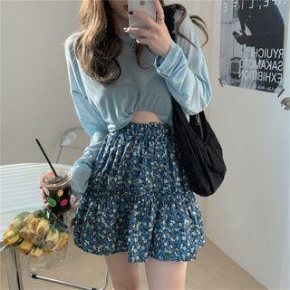 Long-sleeve Loose T-shirt / Floral Mini Skirt