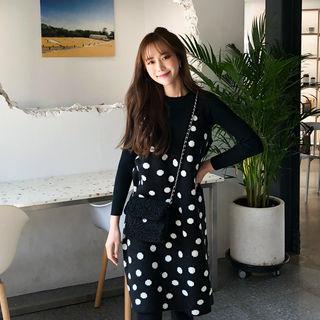 Set: Crew-neck Knit Top + Sleeveless Polka Dot Knit Dress Black - One Size