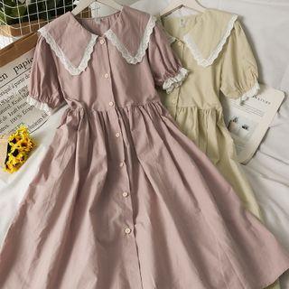 Lace-trim Peter Pan-collar Midi Shirtdress