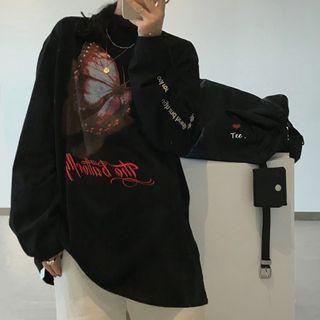 Mock-neck Butterfly Print Sweatshirt Black - One Size