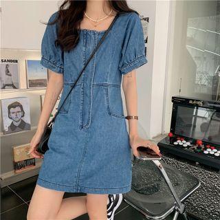 Puff-sleeve Square Neck Denim Dress