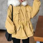 Furry-trim Hooded Buttoned Jacket