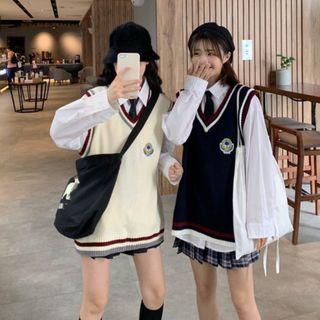 V-neck Knit Vest / Long-sleeve Shirt / Mini A-line Pleated Skirt