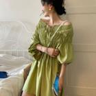 Long-sleeve A-line Dress Green - One Size