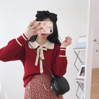 Contrast Collar Tie-neck Knit Top