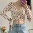 Long-sleeve Floral Print Tie-waist Knit Top Red Floral - Almond - One Size