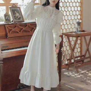 Puff-sleeve Lace Ruffled Midi A-line Dress