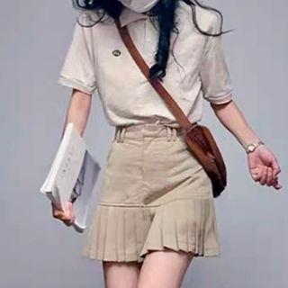 Elbow-sleeve Polo Shirt / Accordion Pleat Mini A-line Skirt / Set
