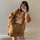 Set: Quilted Zip-up Jacket + Wide Leg Shorts Set Of 2 - Jacket & Shorts - Brown - One Size
