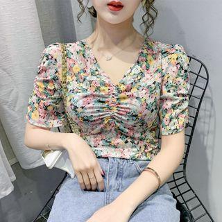 Short-sleeve Ruffled Floral Printed Chiffon Top