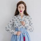 Modern Hanbok Set: Long-sleeve Top (floral) + Midi Skirt (sky Blue)