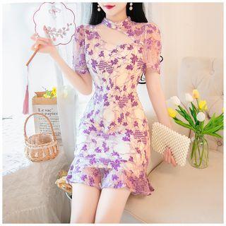 Short-sleeve Mock Neck Lace Mini Sheath Dress