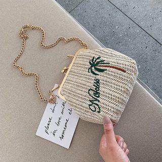 Chain Strap Embroidered Straw Crossbody Bag