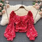 Square-neck Ruched Floral Long-sleeve Chiffon Top