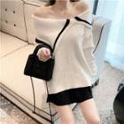 Long-sleeve Off-shoulder Peter Pan Collar Knit Top As Shown In Figure - One Size