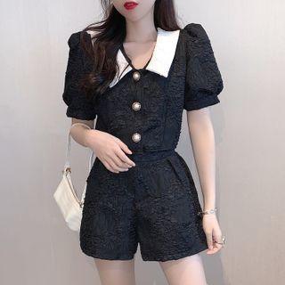 Short-sleeve Single Breasted Top / High-waist Plain Shorts