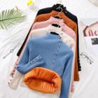Long-sleeve Mock Neck Button Accent Fleece Lined Knit Top